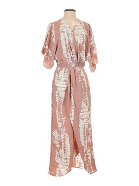 Lezat Pink Abstract Tie Dye Maxi Wrap Dress Kimono Sleeve XS NWT